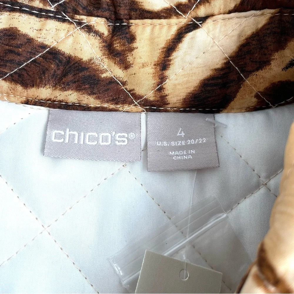Chico's Jacket Women’s 4 US 20/22 Brown Tiger Prints Quilted Pockets Long Sleeve
